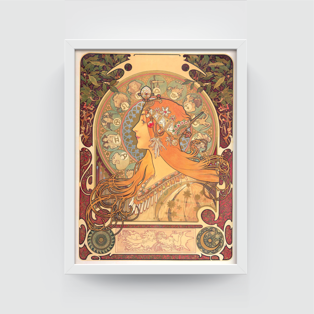 Alphonse Mucha print, Zodiac canvas art, vintage art print, art nouveau painting, decorative wall art, bohemian wall decor, celestial art print, astrology poster, classic artist prints, vintage canvas art. white framed canvas