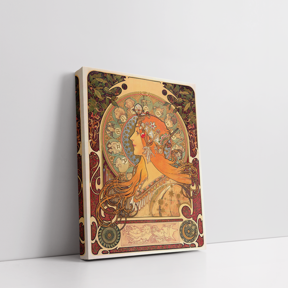 Alphonse Mucha print, Zodiac canvas art, vintage art print, art nouveau painting, decorative wall art, bohemian wall decor, celestial art print, astrology poster, classic artist prints, vintage canvas art. brown stretched canvas