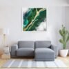 Top-view abstract Amazon rainforest wall art, featuring flowing shades of green, deep blues, cloudy textures, and a golden path—lush and tropical canvas print inspired by aerial jungle views. Perfect for eco-modern, biophilic, earthy-boho, and tropical interior decor. A vibrant, nature-infused statement piece for mindful living.