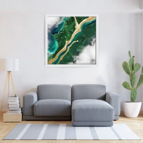 Top-view abstract Amazon rainforest wall art, featuring flowing shades of green, deep blues, cloudy textures, and a golden path—lush and tropical canvas print inspired by aerial jungle views. Perfect for eco-modern, biophilic, earthy-boho, and tropical interior decor. A vibrant, nature-infused statement piece for mindful living.