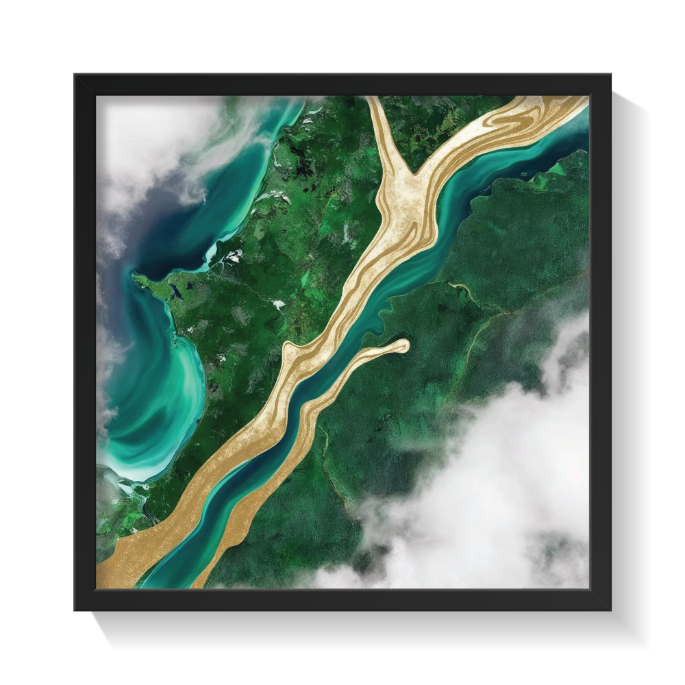 Top-view abstract Amazon rainforest wall art in a black frame, featuring flowing shades of green, deep blues, cloudy textures, and a golden path—lush and tropical canvas print inspired by aerial jungle views. Perfect for eco-modern, biophilic, earthy-boho, and tropical interior decor. A vibrant, nature-infused statement piece for mindful living.