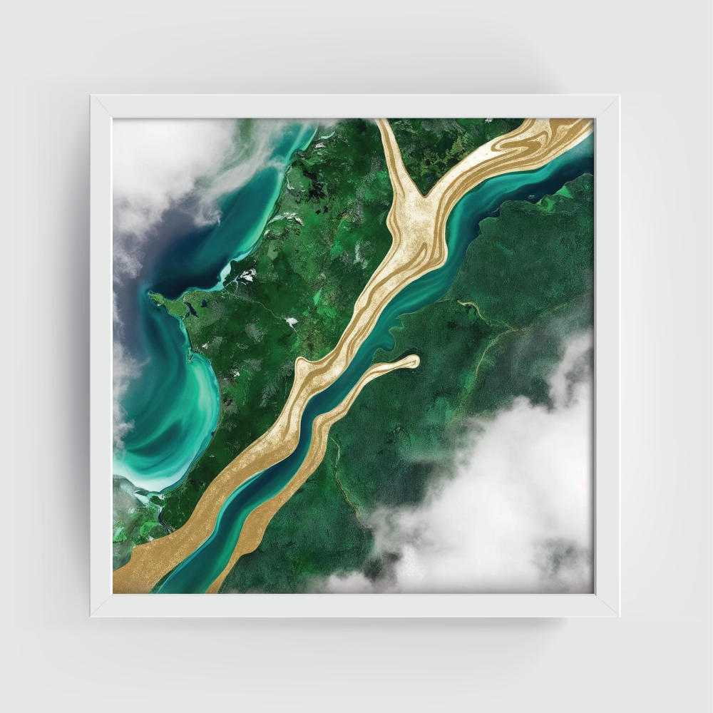 Top-view abstract Amazon rainforest wall art in a white frame, featuring flowing shades of green, deep blues, cloudy textures, and a golden path—lush and tropical canvas print inspired by aerial jungle views. Perfect for eco-modern, biophilic, earthy-boho, and tropical interior decor. A vibrant, nature-infused statement piece for mindful living.