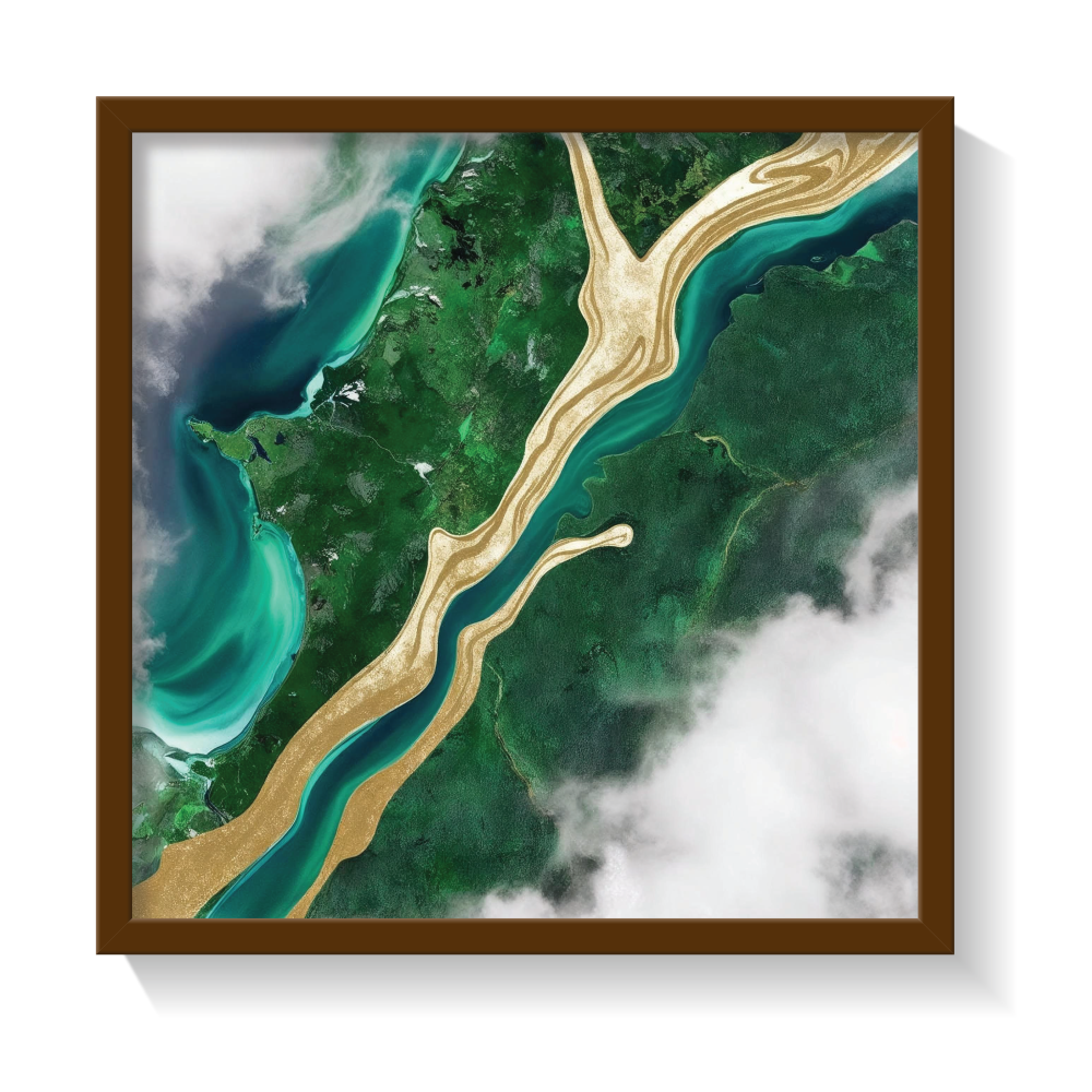 Top-view abstract Amazon rainforest wall art in a brown frame, featuring flowing shades of green, deep blues, cloudy textures, and a golden path—lush and tropical canvas print inspired by aerial jungle views. Perfect for eco-modern, biophilic, earthy-boho, and tropical interior decor. A vibrant, nature-infused statement piece for mindful living.