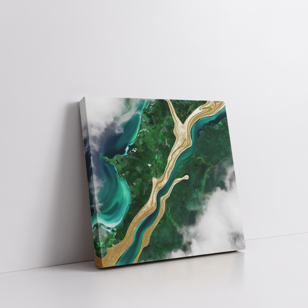 Top-view abstract Amazon rainforest wall art in a stretched canvas, featuring flowing shades of green, deep blues, cloudy textures, and a golden path—lush and tropical canvas print inspired by aerial jungle views. Perfect for eco-modern, biophilic, earthy-boho, and tropical interior decor. A vibrant, nature-infused statement piece for mindful living.