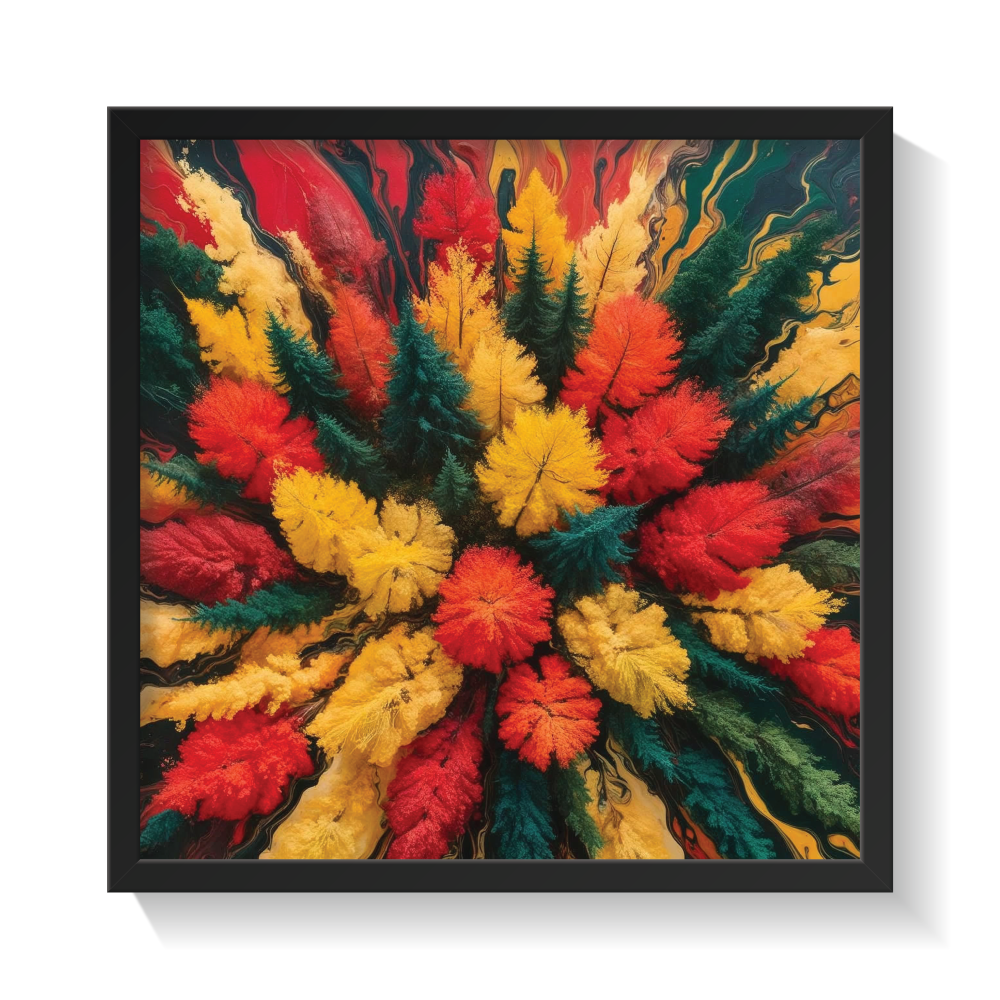 Top-view abstract autumn forest wall art in a black frame, featuring rich fall colors—gold, red, orange, green, and brown—in a mosaic-like aerial landscape of the Canadian Boreal Forest. Perfect for cozy, rustic, cottagecore, woodland, and nature-inspired interiors. Seasonal canvas art that adds warmth, texture, and tranquility to any space.
