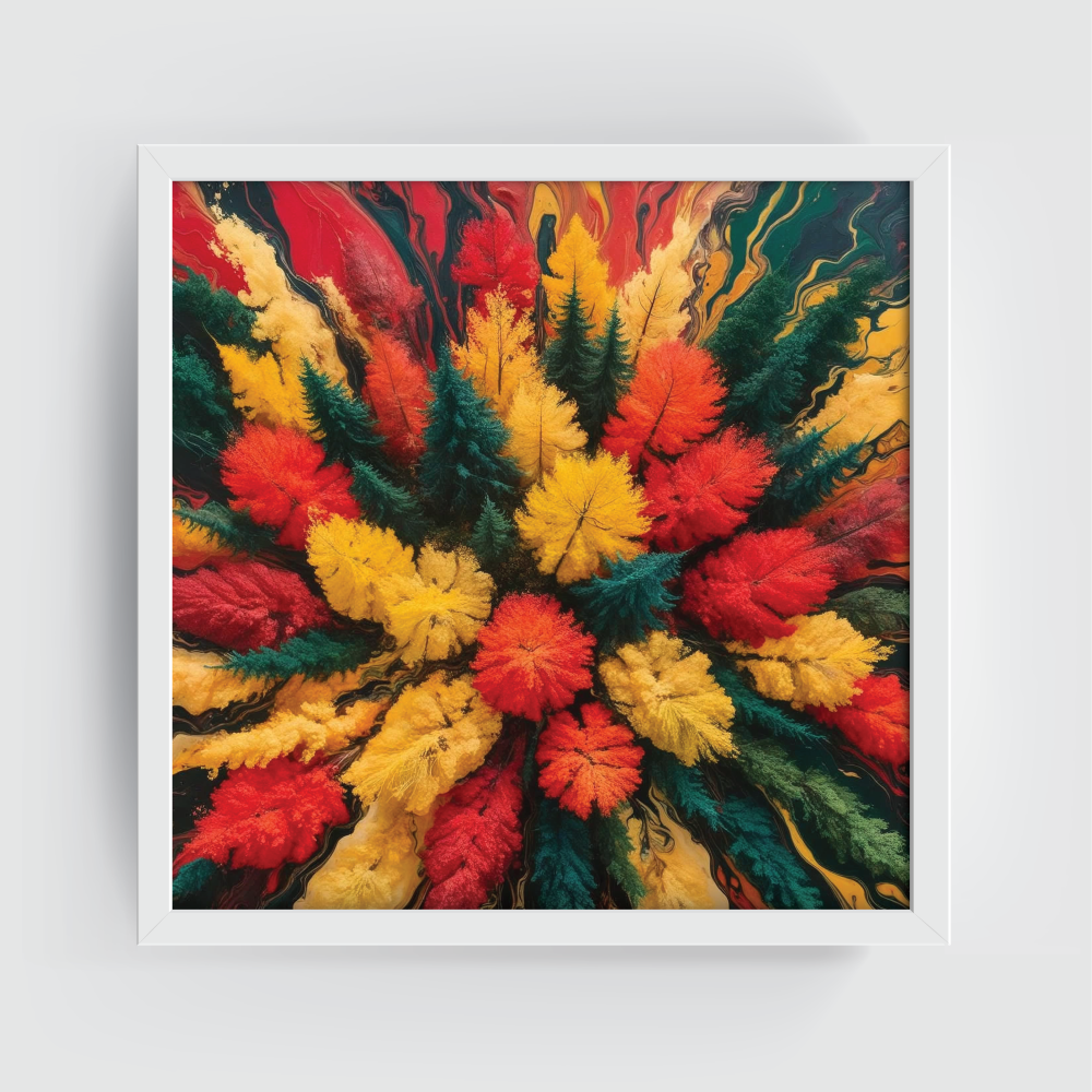 Top-view abstract autumn forest wall art in a white frame, featuring rich fall colors—gold, red, orange, green, and brown—in a mosaic-like aerial landscape of the Canadian Boreal Forest. Perfect for cozy, rustic, cottagecore, woodland, and nature-inspired interiors. Seasonal canvas art that adds warmth, texture, and tranquility to any space.