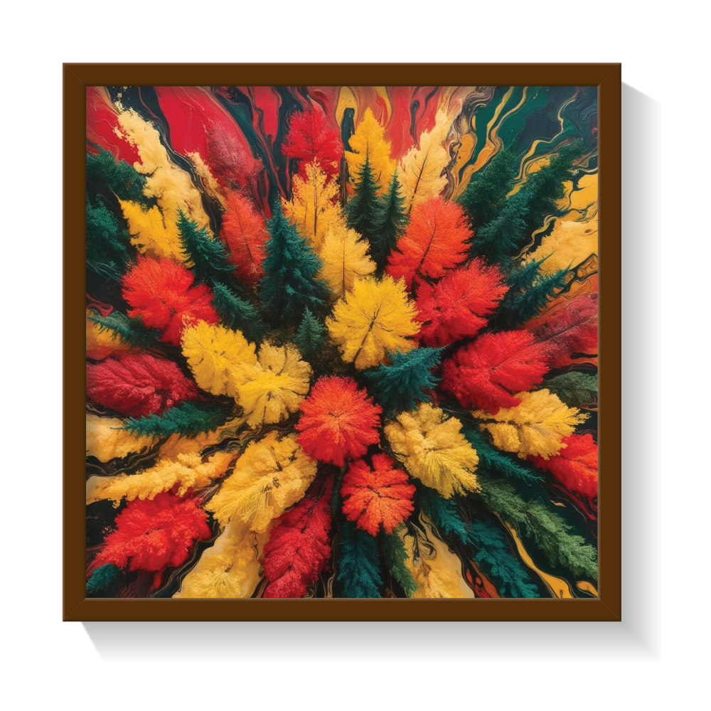Top-view abstract autumn forest wall art in a brown frame, featuring rich fall colors—gold, red, orange, green, and brown—in a mosaic-like aerial landscape of the Canadian Boreal Forest. Perfect for cozy, rustic, cottagecore, woodland, and nature-inspired interiors. Seasonal canvas art that adds warmth, texture, and tranquility to any space.