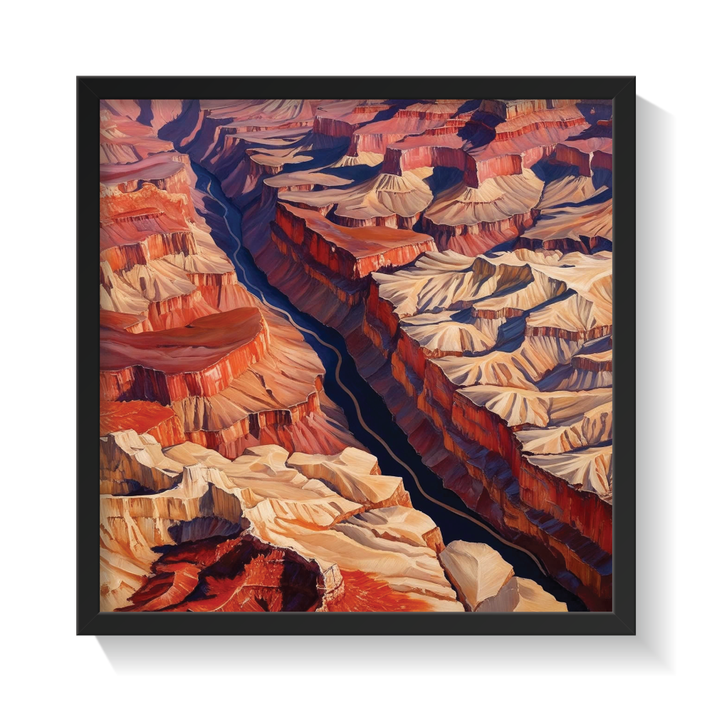 Grand Canyon Black Frame-01 Semi-abstract Grand Canyon wall art in a black frame, featuring layered earth tones—terracotta, sandstone, rust, and muted pinks—with modern desert minimalism style. A warm, nature-inspired canvas print perfect for southwestern, boho-chic, earthy-modern, and rustic interiors. Ideal statement piece for serene, grounded home decor.