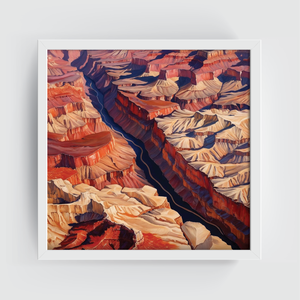 Grand Canyon White Frame-01 Semi-abstract Grand Canyon wall art in a white frame, featuring layered earth tones—terracotta, sandstone, rust, and muted pinks—with modern desert minimalism style. A warm, nature-inspired canvas print perfect for southwestern, boho-chic, earthy-modern, and rustic interiors. Ideal statement piece for serene, grounded home decor.