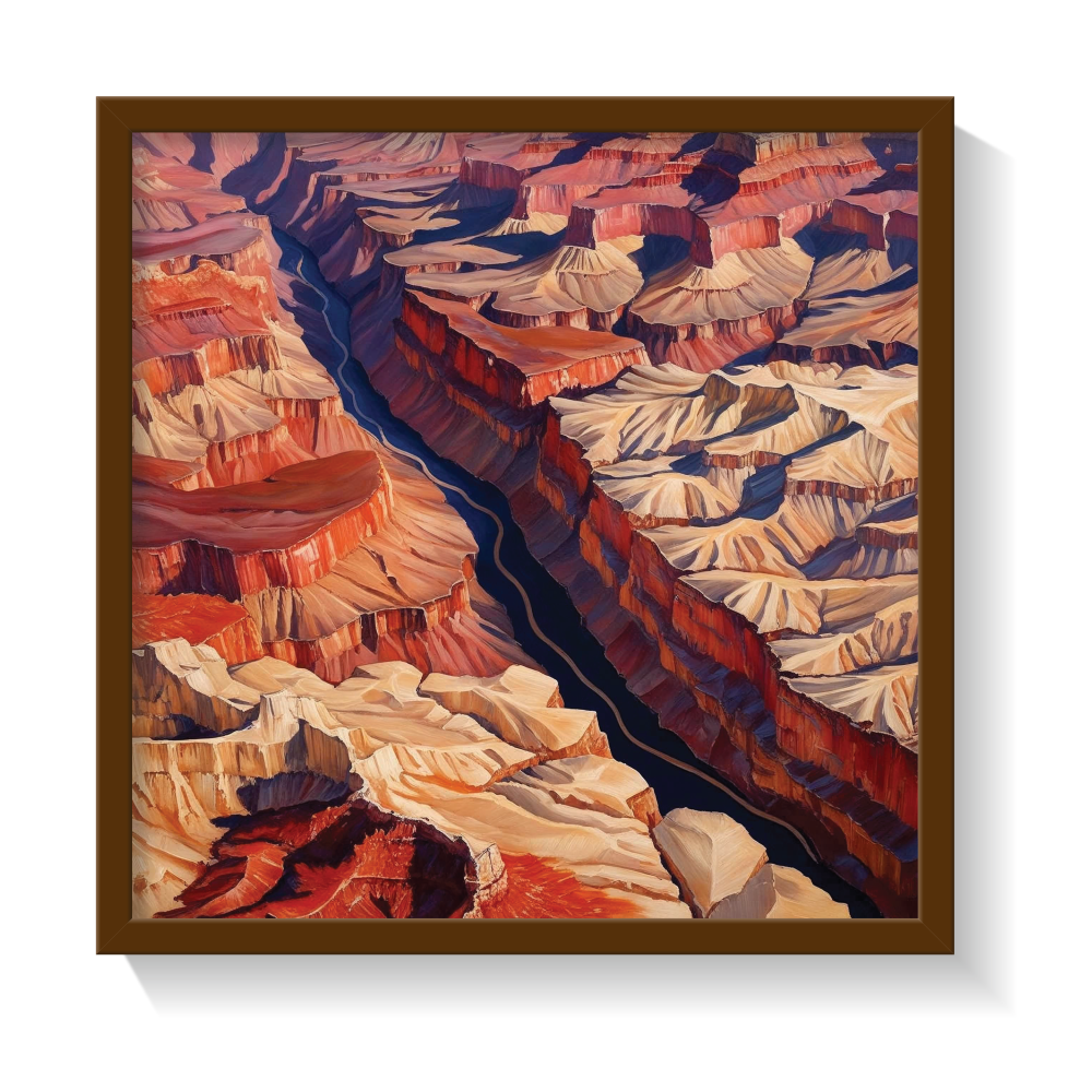 Grand Canyon brown frame-01 Semi-abstract Grand Canyon wall art in a brown frame, featuring layered earth tones—terracotta, sandstone, rust, and muted pinks—with modern desert minimalism style. A warm, nature-inspired canvas print perfect for southwestern, boho-chic, earthy-modern, and rustic interiors. Ideal statement piece for serene, grounded home decor.