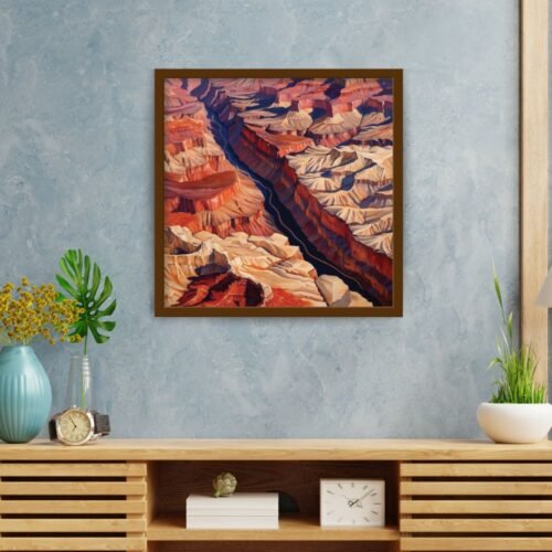 Semi-abstract Grand Canyon wall art, featuring layered earth tones—terracotta, sandstone, rust, and muted pinks—with modern desert minimalism style. A warm, nature-inspired canvas print perfect for southwestern, boho-chic, earthy-modern, and rustic interiors. Ideal statement piece for serene, grounded home decor.