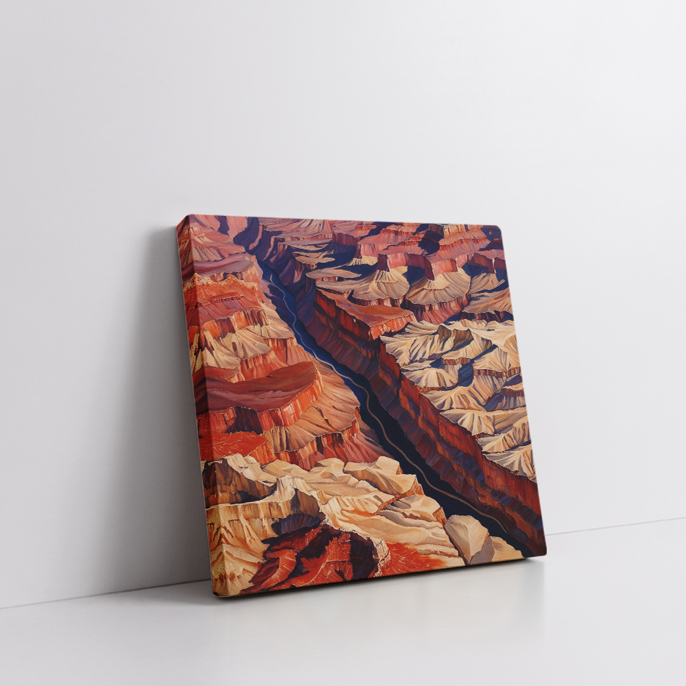 Semi-abstract Grand Canyon wall art in a stretched canvas, featuring layered earth tones—terracotta, sandstone, rust, and muted pinks—with modern desert minimalism style. A warm, nature-inspired canvas print perfect for southwestern, boho-chic, earthy-modern, and rustic interiors. Ideal statement piece for serene, grounded home decor.