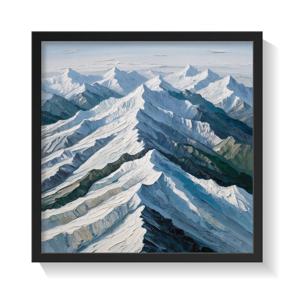 Abstract Himalayan mountain wall art in a black frame, featuring majestic snow-covered peaks, soft greys, and icy blue tones—grand, top-view canvas print with flowing brushwork and textured layers. Perfect for modern minimalist, alpine-inspired, neutral-toned, and serene interiors. A bold yet tranquil statement piece for mountain lovers.