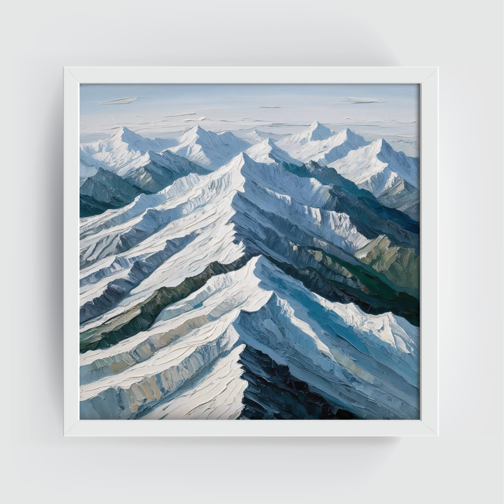Abstract Himalayan mountain wall art in a white frame, featuring majestic snow-covered peaks, soft greys, and icy blue tones—grand, top-view canvas print with flowing brushwork and textured layers. Perfect for modern minimalist, alpine-inspired, neutral-toned, and serene interiors. A bold yet tranquil statement piece for mountain lovers.