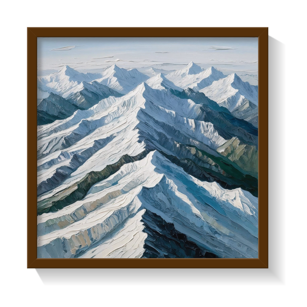 Abstract Himalayan mountain wall art in a brown frame, featuring majestic snow-covered peaks, soft greys, and icy blue tones—grand, top-view canvas print with flowing brushwork and textured layers. Perfect for modern minimalist, alpine-inspired, neutral-toned, and serene interiors. A bold yet tranquil statement piece for mountain lovers.