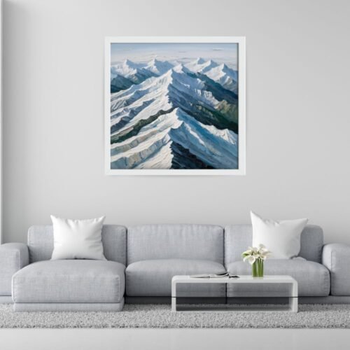 Abstract Himalayan mountain wall art, featuring majestic snow-covered peaks, soft greys, and icy blue tones—grand, top-view canvas print with flowing brushwork and textured layers. Perfect for modern minimalist, alpine-inspired, neutral-toned, and serene interiors. A bold yet tranquil statement piece for mountain lovers.
