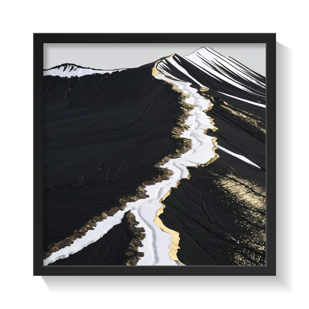 Modern abstract volcanic landscape wall art in a black frame, featuring deep black textures, white glacier-like streaks, and shimmering metallic gold accents—luxury canvas print inspired by Icelandic terrain, perfect for bold, minimalist, Japandi, and high-contrast interiors. Ideal for statement wall decor and earthy-luxe aesthetics.