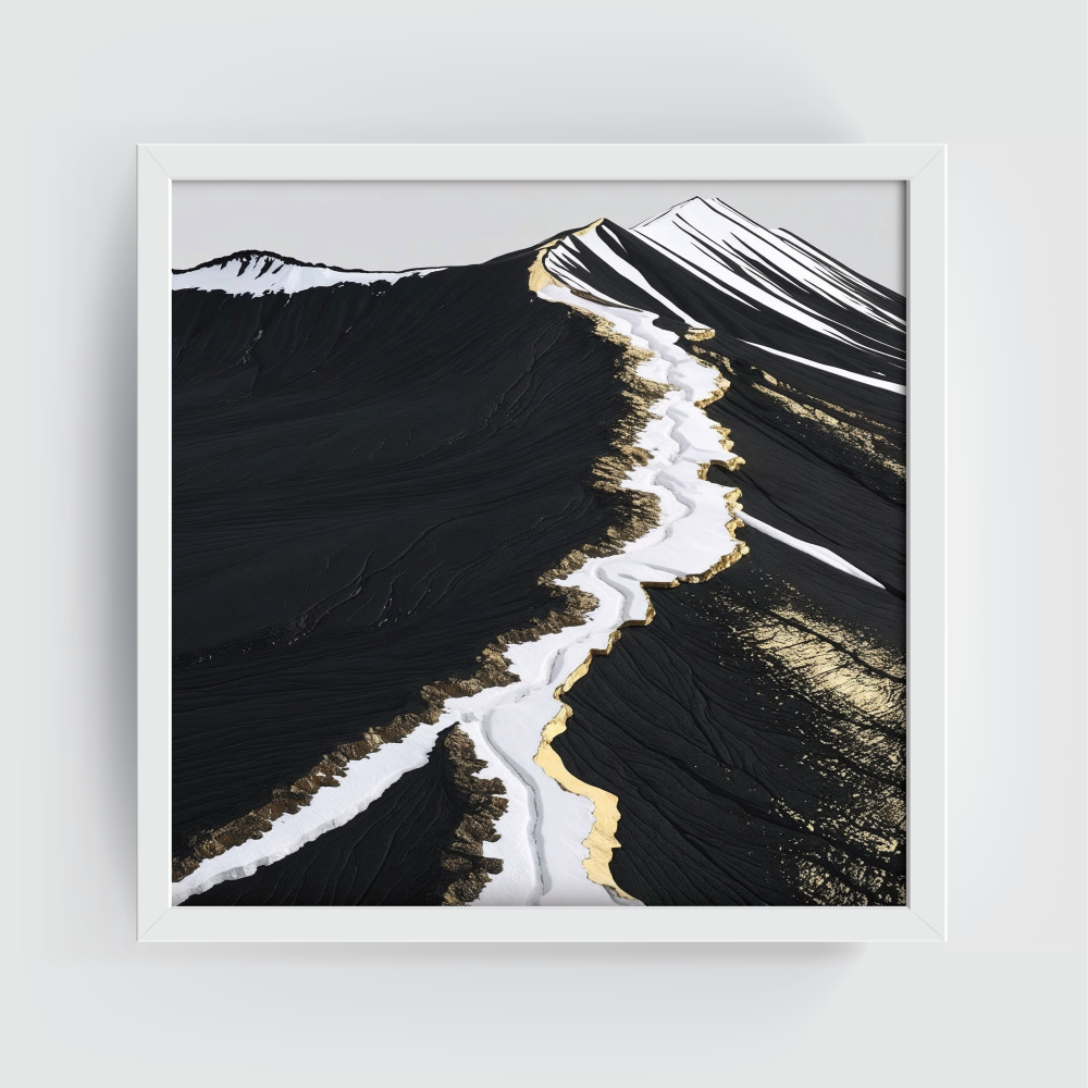 Modern abstract volcanic landscape wall art in a white frame, featuring deep black textures, white glacier-like streaks, and shimmering metallic gold accents—luxury canvas print inspired by Icelandic terrain, perfect for bold, minimalist, Japandi, and high-contrast interiors. Ideal for statement wall decor and earthy-luxe aesthetics.