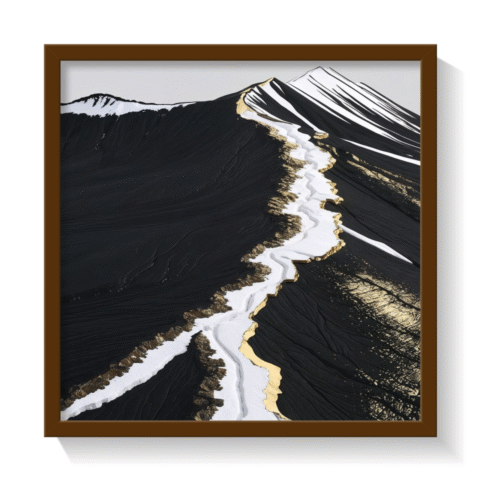 Modern abstract volcanic landscape wall art in a brown frame, featuring deep black textures, white glacier-like streaks, and shimmering metallic gold accents—luxury canvas print inspired by Icelandic terrain, perfect for bold, minimalist, Japandi, and high-contrast interiors. Ideal for statement wall decor and earthy-luxe aesthetics.