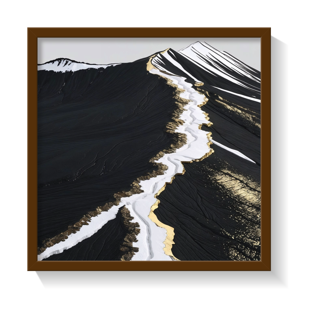 Modern abstract volcanic landscape wall art in a brown frame, featuring deep black textures, white glacier-like streaks, and shimmering metallic gold accents—luxury canvas print inspired by Icelandic terrain, perfect for bold, minimalist, Japandi, and high-contrast interiors. Ideal for statement wall decor and earthy-luxe aesthetics.