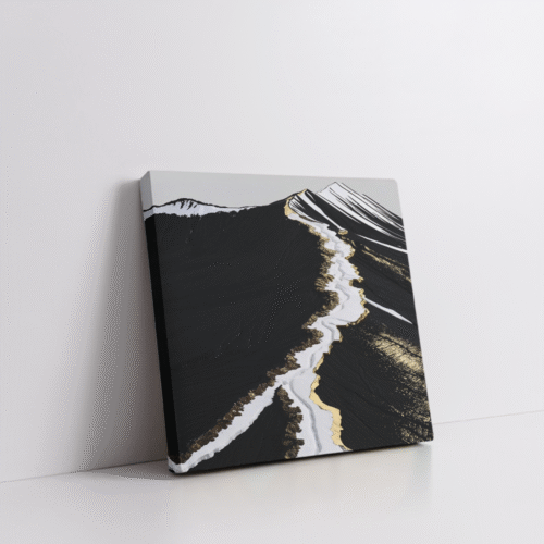 Modern abstract volcanic landscape wall art in a stretched canvas, featuring deep black textures, white glacier-like streaks, and shimmering metallic gold accents—luxury canvas print inspired by Icelandic terrain, perfect for bold, minimalist, Japandi, and high-contrast interiors. Ideal for statement wall decor and earthy-luxe aesthetics.