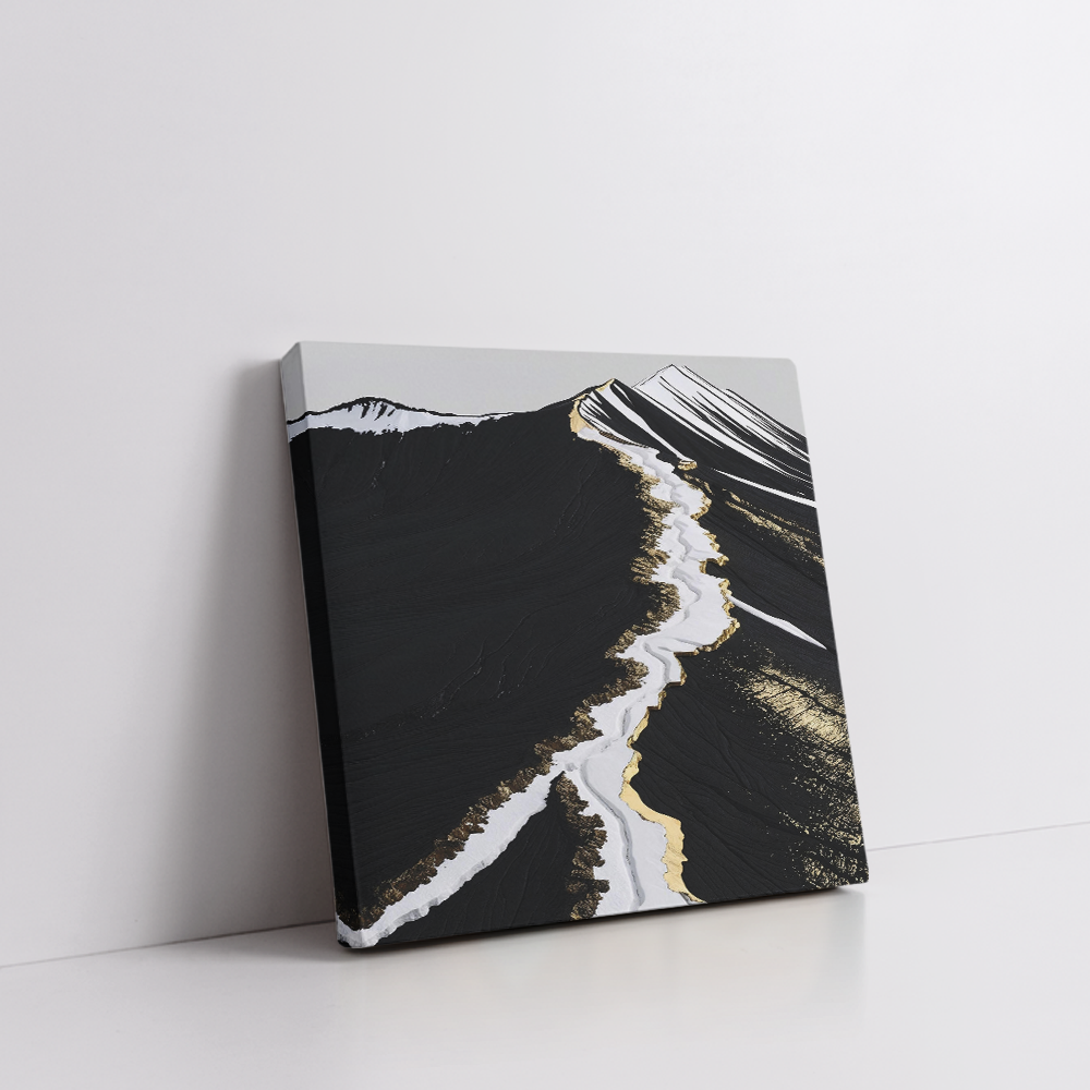 Modern abstract volcanic landscape wall art in a stretched canvas, featuring deep black textures, white glacier-like streaks, and shimmering metallic gold accents—luxury canvas print inspired by Icelandic terrain, perfect for bold, minimalist, Japandi, and high-contrast interiors. Ideal for statement wall decor and earthy-luxe aesthetics.