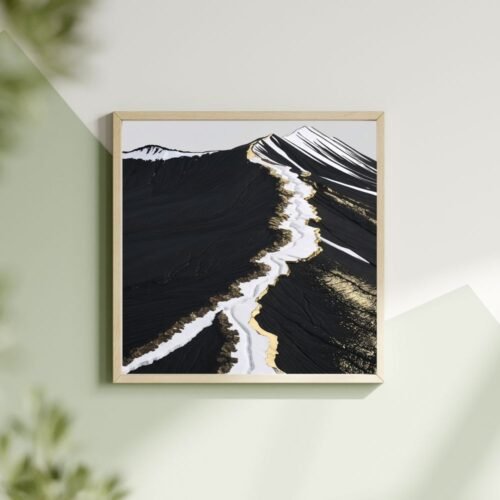 Modern abstract volcanic landscape wall art featuring deep black textures, white glacier-like streaks, and shimmering metallic gold accents—luxury canvas print inspired by Icelandic terrain, perfect for bold, minimalist, Japandi, and high-contrast interiors. Ideal for statement wall decor and earthy-luxe aesthetics.