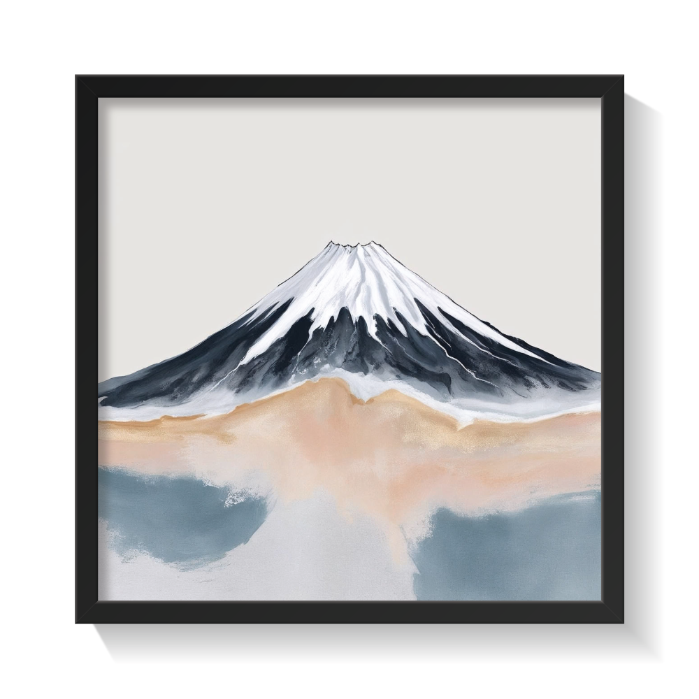 Minimalist abstract Mount Fuji wall art in a black frame, featuring soft pastel tones, neutral beige and grey watercolor textures, and modern Japandi-style mountain decor—perfect for serene, calming interiors, boho aesthetic homes, or zen-inspired gallery walls. Eco-friendly canvas print with a contemporary, tranquil vibe.