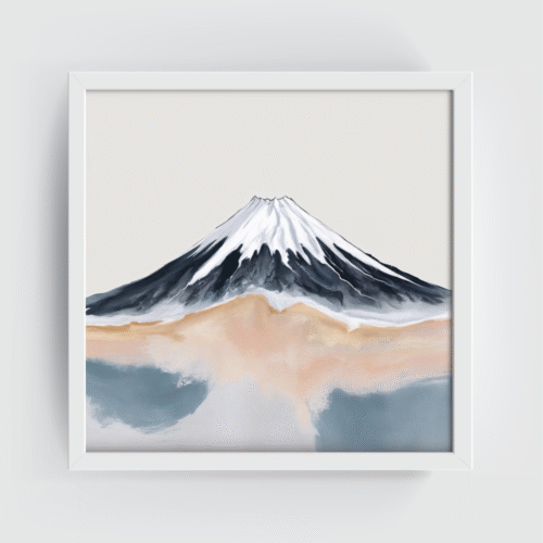Minimalist abstract Mount Fuji wall art in a white frame, featuring soft pastel tones, neutral beige and grey watercolor textures, and modern Japandi-style mountain decor—perfect for serene, calming interiors, boho aesthetic homes, or zen-inspired gallery walls. Eco-friendly canvas print with a contemporary, tranquil vibe.