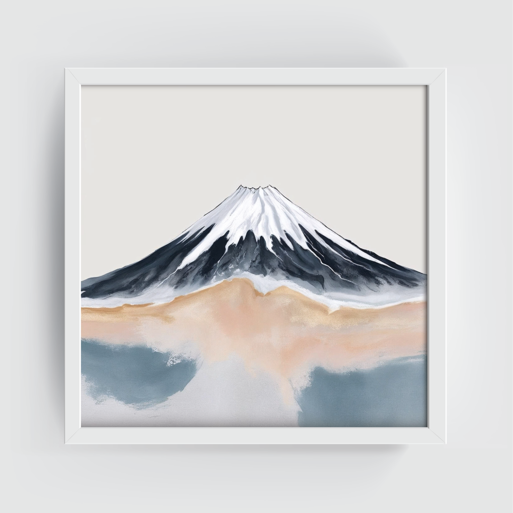 Minimalist abstract Mount Fuji wall art in a white frame, featuring soft pastel tones, neutral beige and grey watercolor textures, and modern Japandi-style mountain decor—perfect for serene, calming interiors, boho aesthetic homes, or zen-inspired gallery walls. Eco-friendly canvas print with a contemporary, tranquil vibe.