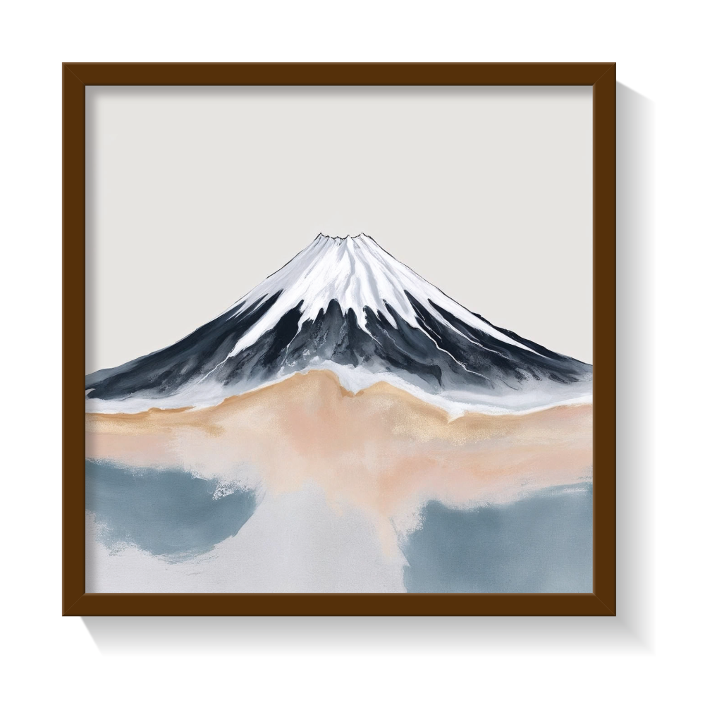 Minimalist abstract Mount Fuji wall art in a brown frame, featuring soft pastel tones, neutral beige and grey watercolor textures, and modern Japandi-style mountain decor—perfect for serene, calming interiors, boho aesthetic homes, or zen-inspired gallery walls. Eco-friendly canvas print with a contemporary, tranquil vibe.