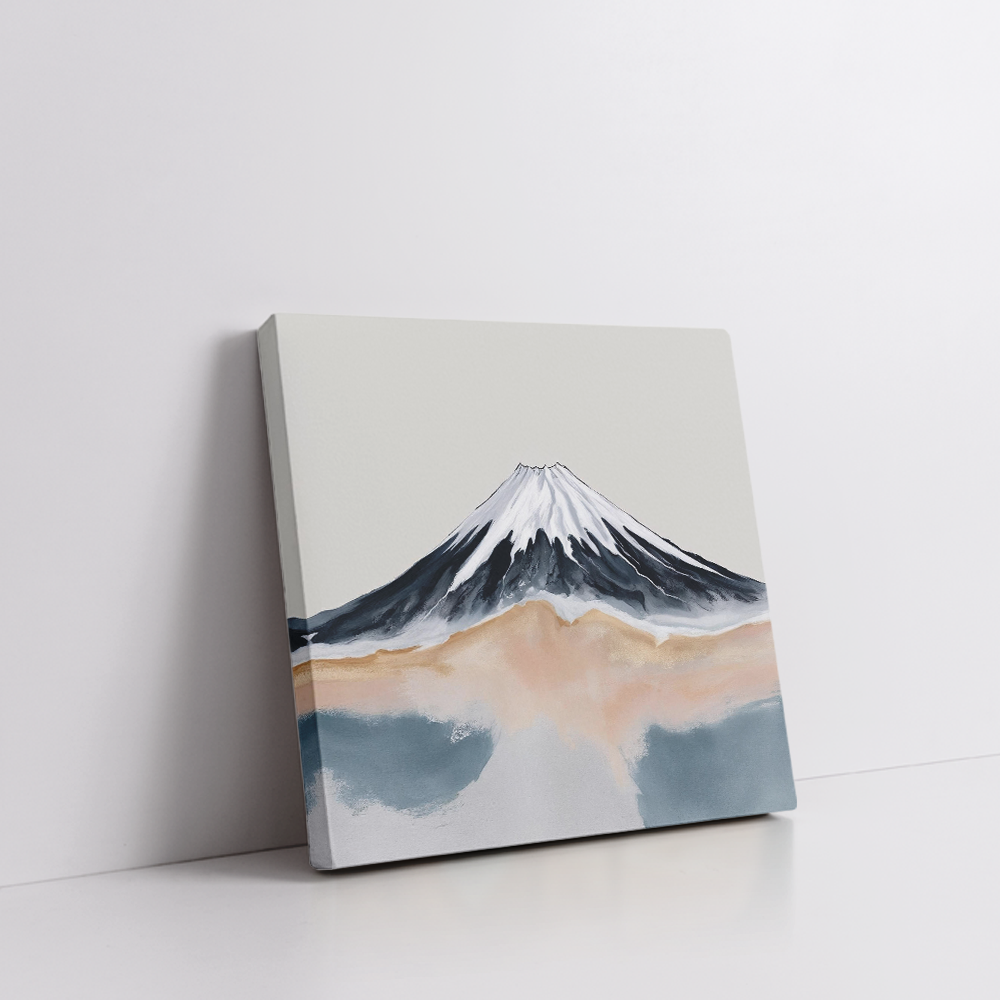 Minimalist abstract Mount Fuji wall art in a stretched canvas, featuring soft pastel tones, neutral beige and grey watercolor textures, and modern Japandi-style mountain decor—perfect for serene, calming interiors, boho aesthetic homes, or zen-inspired gallery walls. Eco-friendly canvas print with a contemporary, tranquil vibe.