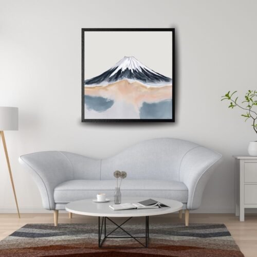 Minimalist abstract Mount Fuji wall art, featuring soft pastel tones, neutral beige and grey watercolor textures, and modern Japandi-style mountain decor—perfect for serene, calming interiors, boho aesthetic homes, or zen-inspired gallery walls. Eco-friendly canvas print with a contemporary, tranquil vibe.