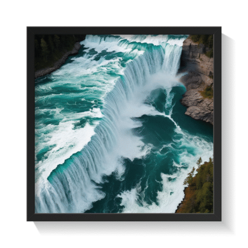 Modern abstract Niagara Falls wall art in a black frame, featuring teal and turquoise water textures, cascading movement, and fine misty white accents—bold canvas print perfect for coastal, nature-inspired, modern, and biophilic interior styles. Luxurious waterfall wall decor for serene yet dramatic ambiance.