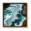 Modern abstract Niagara Falls wall art in a brown frame, featuring teal and turquoise water textures, cascading movement, and fine misty white accents—bold canvas print perfect for coastal, nature-inspired, modern, and biophilic interior styles. Luxurious waterfall wall decor for serene yet dramatic ambiance.