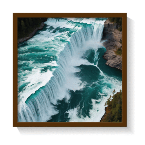 Modern abstract Niagara Falls wall art in a brown frame, featuring teal and turquoise water textures, cascading movement, and fine misty white accents—bold canvas print perfect for coastal, nature-inspired, modern, and biophilic interior styles. Luxurious waterfall wall decor for serene yet dramatic ambiance.