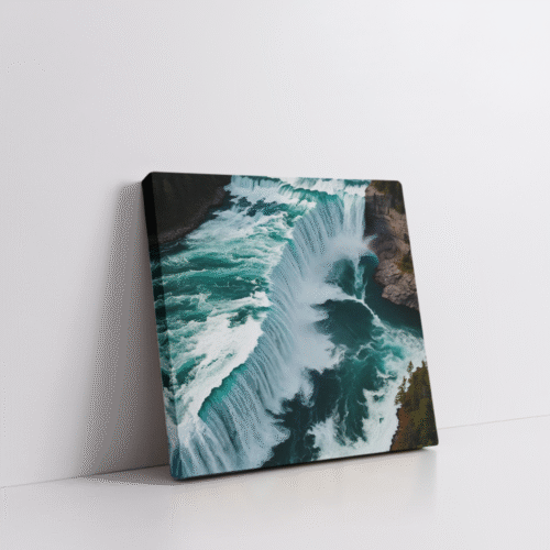 Modern abstract Niagara Falls wall art in a stretched canvas, featuring teal and turquoise water textures, cascading movement, and fine misty white accents—bold canvas print perfect for coastal, nature-inspired, modern, and biophilic interior styles. Luxurious waterfall wall decor for serene yet dramatic ambiance.