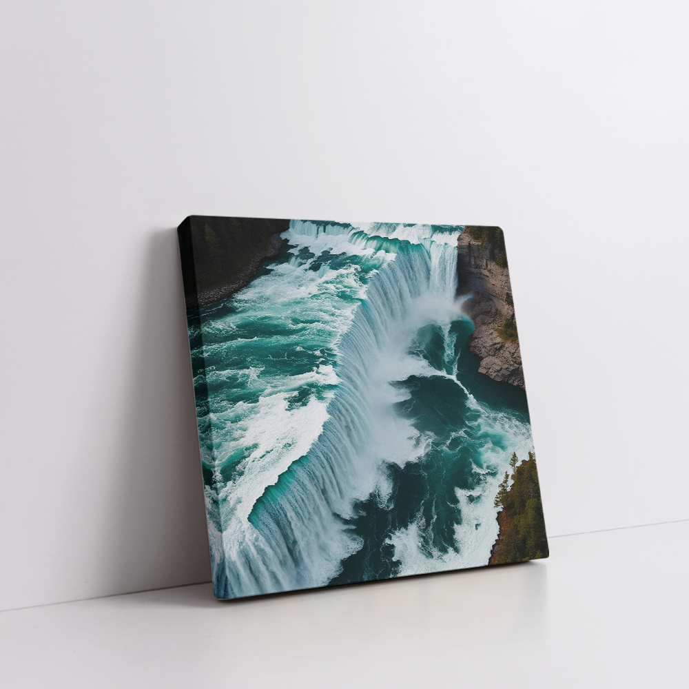 Modern abstract Niagara Falls wall art in a stretched canvas, featuring teal and turquoise water textures, cascading movement, and fine misty white accents—bold canvas print perfect for coastal, nature-inspired, modern, and biophilic interior styles. Luxurious waterfall wall decor for serene yet dramatic ambiance.