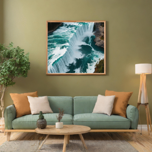 Modern abstract Niagara Falls wall art, featuring teal and turquoise water textures, cascading movement, and fine misty white accents—bold canvas print perfect for coastal, nature-inspired, modern, and biophilic interior styles. Luxurious waterfall wall decor for serene yet dramatic ambiance.