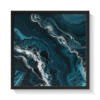 Aerial abstract ocean wall art in a black frame featuring soft turquoise, sky blue, and white water textures—calming coastal canvas print perfect for beach-inspired, airy, and minimal interiors.