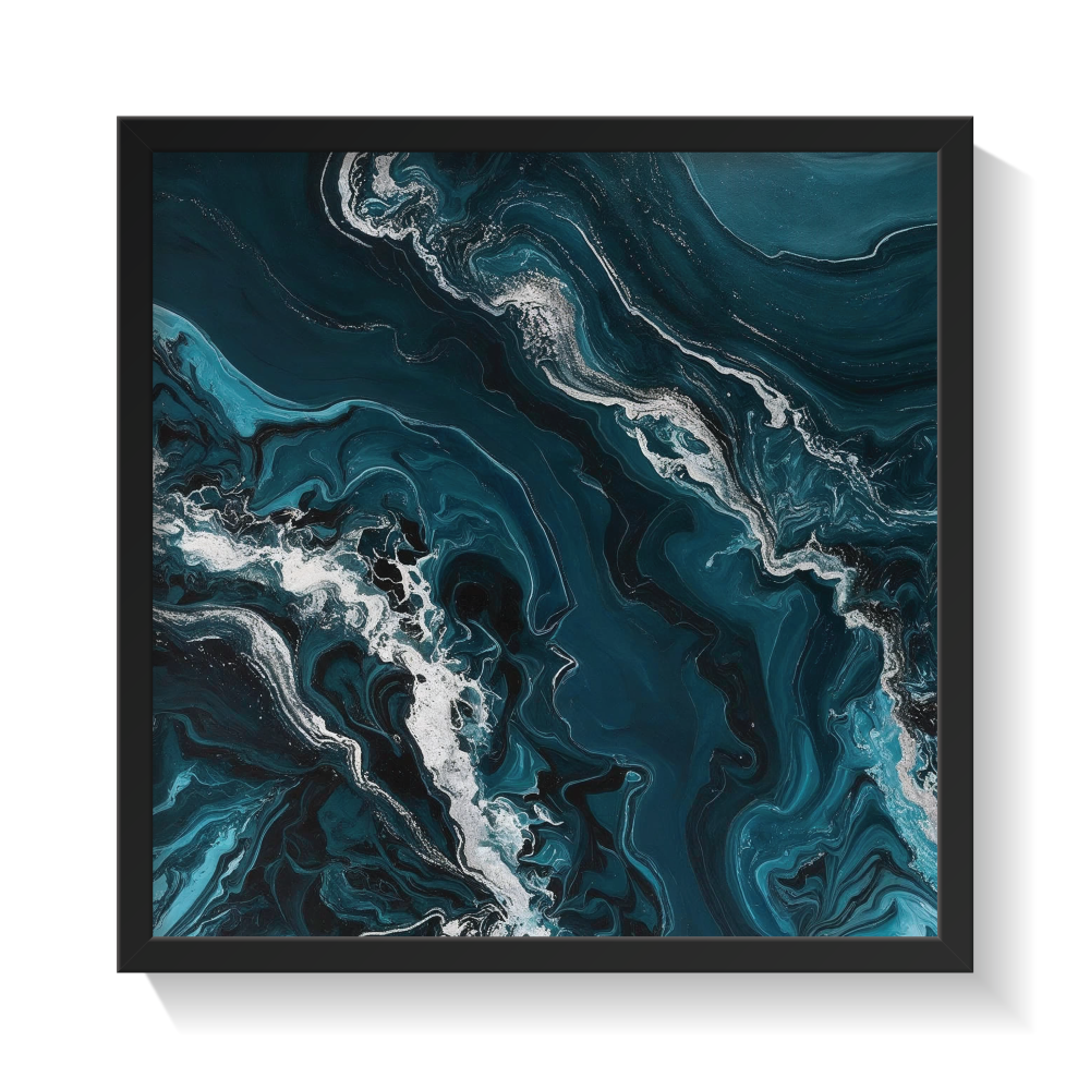 Aerial abstract ocean wall art in a black frame featuring soft turquoise, sky blue, and white water textures—calming coastal canvas print perfect for beach-inspired, airy, and minimal interiors.