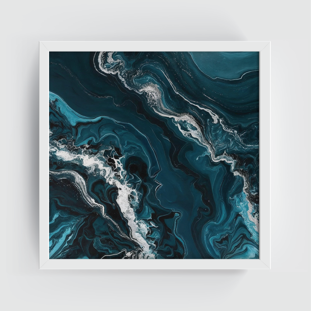 Aerial abstract ocean wall art in a white frame featuring soft turquoise, sky blue, and white water textures—calming coastal canvas print perfect for beach-inspired, airy, and minimal interiors.