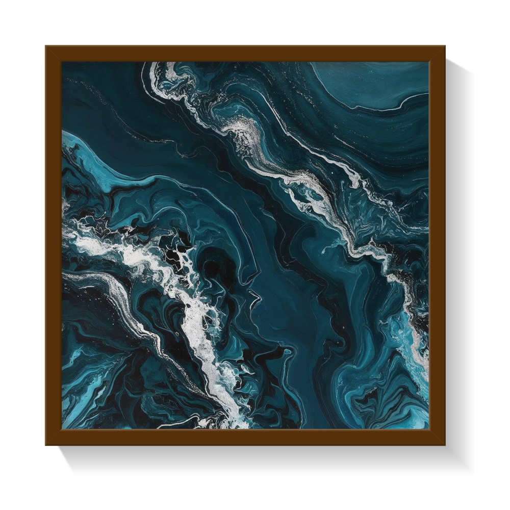 Aerial abstract ocean wall art in a brown frame featuring soft turquoise, sky blue, and white water textures—calming coastal canvas print perfect for beach-inspired, airy, and minimal interiors.