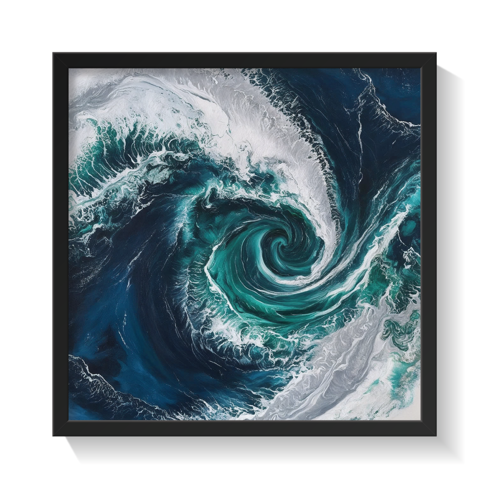 Abstract Pacific Ocean painting in a black frame with swirling navy, aqua, and foam white brushstrokes—fluid top-view seascape ideal for modern coastal, nautical, or ocean-themed rooms.