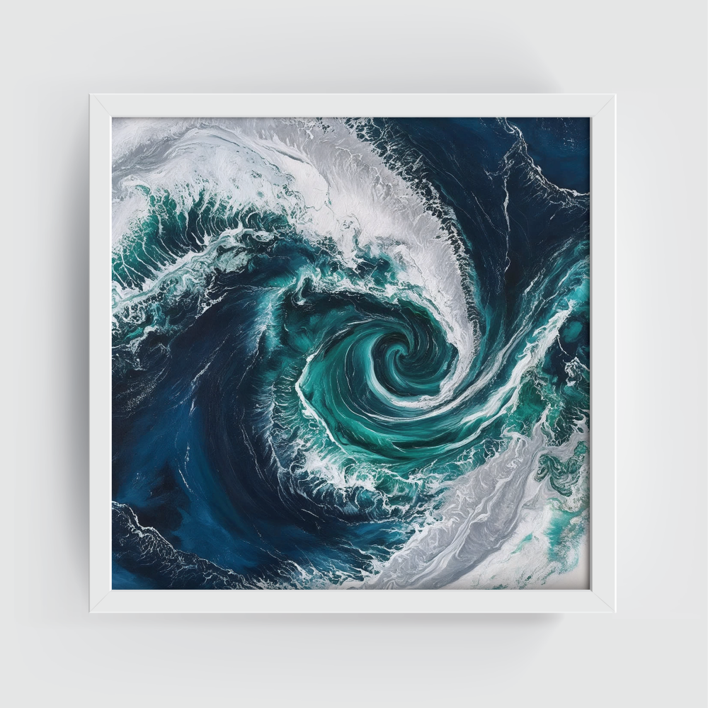 Abstract Pacific Ocean painting in a white frame with swirling navy, aqua, and foam white brushstrokes—fluid top-view seascape ideal for modern coastal, nautical, or ocean-themed rooms.