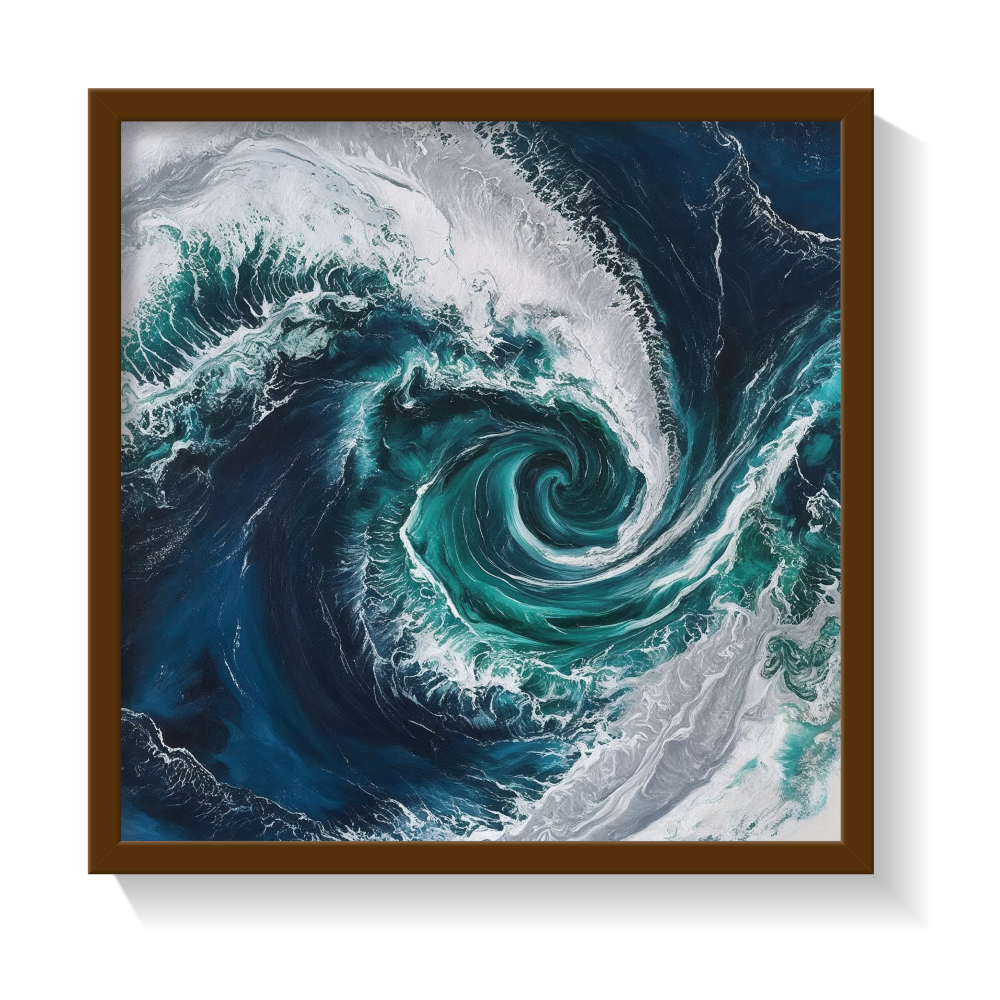 Abstract Pacific Ocean painting in a brown frame with swirling navy, aqua, and foam white brushstrokes—fluid top-view seascape ideal for modern coastal, nautical, or ocean-themed rooms.