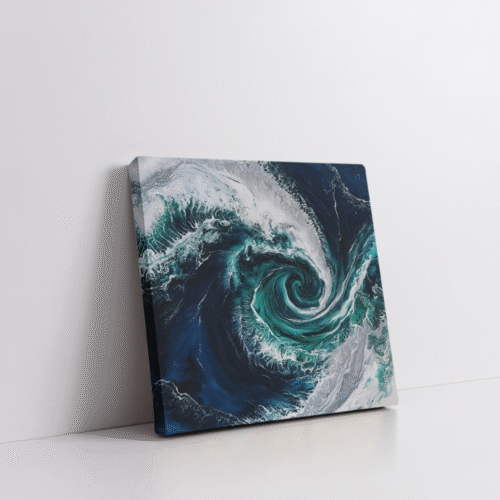 Abstract Pacific Ocean painting in a stretched canvas with swirling navy, aqua, and foam white brushstrokes—fluid top-view seascape ideal for modern coastal, nautical, or ocean-themed rooms.