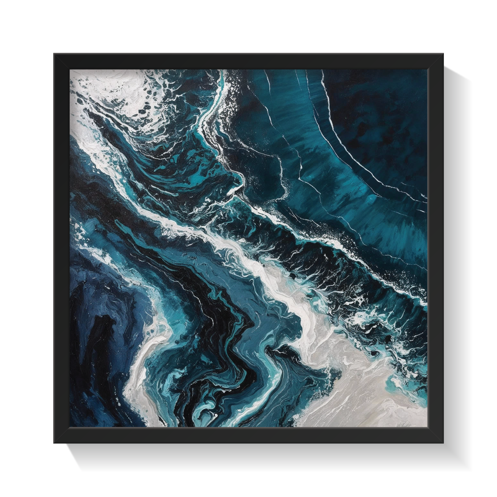 Deep ocean abstract wall art in a black frame showcasing bold indigo and stormy blues with dynamic white flow—luxurious, moody canvas print for minimalist, nature-inspired, or modern marine decor.
