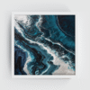 Deep ocean abstract wall art in a white frame showcasing bold indigo and stormy blues with dynamic white flow—luxurious, moody canvas print for minimalist, nature-inspired, or modern marine decor.