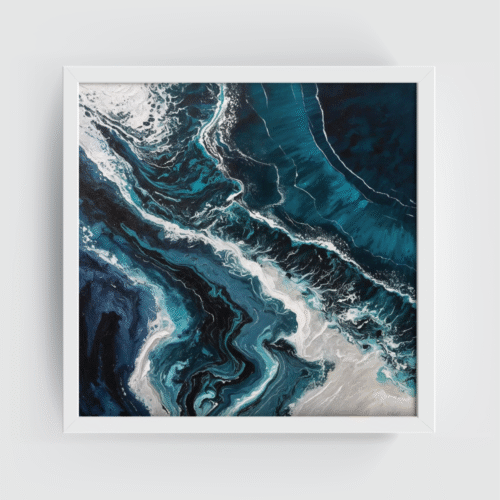 Deep ocean abstract wall art in a white frame showcasing bold indigo and stormy blues with dynamic white flow—luxurious, moody canvas print for minimalist, nature-inspired, or modern marine decor.